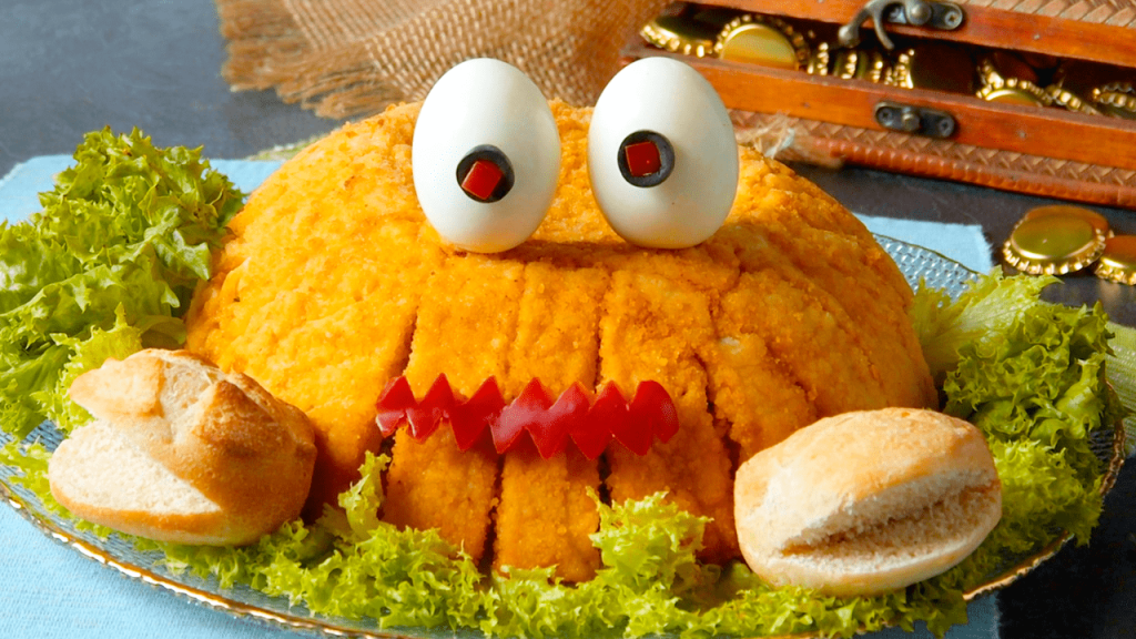 Cangrejo hecho de barritas de pescado y puré de papa