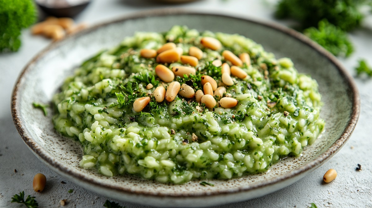Plato de risotto de perejil con piñones