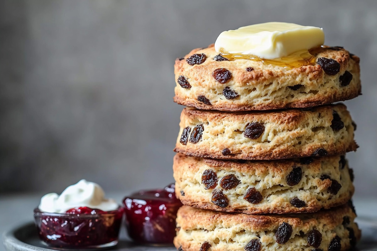 Pila de scones de pasas con mermelada de fresa y clotted cream al lado