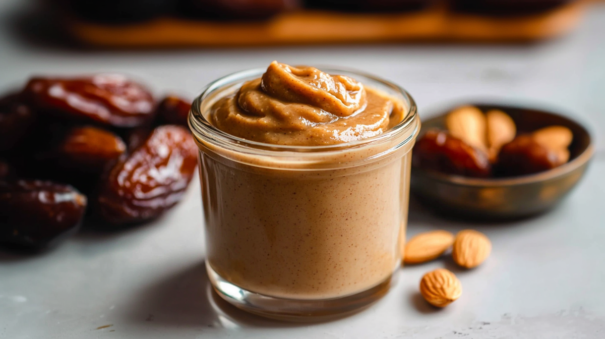 Un tarro de cristal con caramelo vegano de dátiles. Al fondo, se ven algunos dátiles. Junto al tarro de caramelo de dátiles hay unas cuantas almendras sueltas. También hay un cuenco pequeño con algunas almendras y dátiles sueltos.