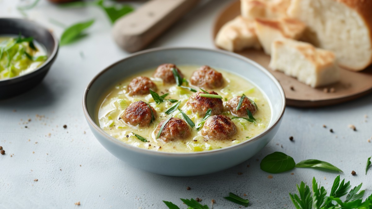 Crema de queso y puerro con albóndigas en un plato.