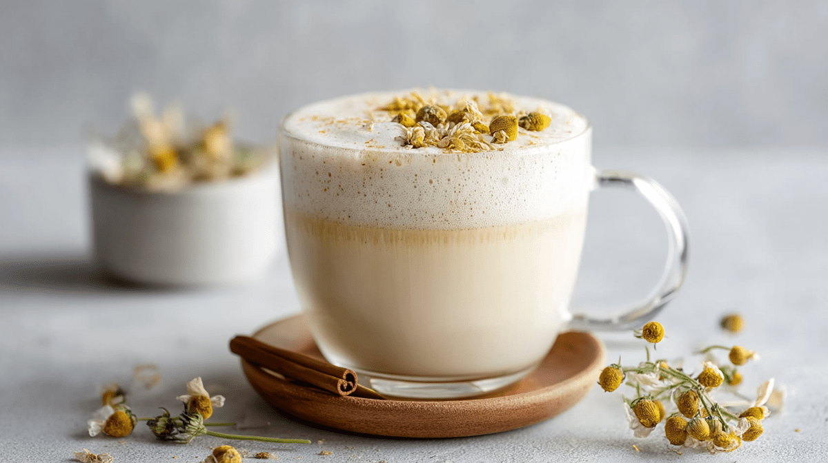Un vaso de vidrio con latte de manzanilla. La bebida está decorada con flores de manzanilla secas. El vaso está sobre un posavasos de madera, sobre el cual hay una rama de canela. Además, hay ramitas frescas de una planta de manzanilla esparcidas alrededor.