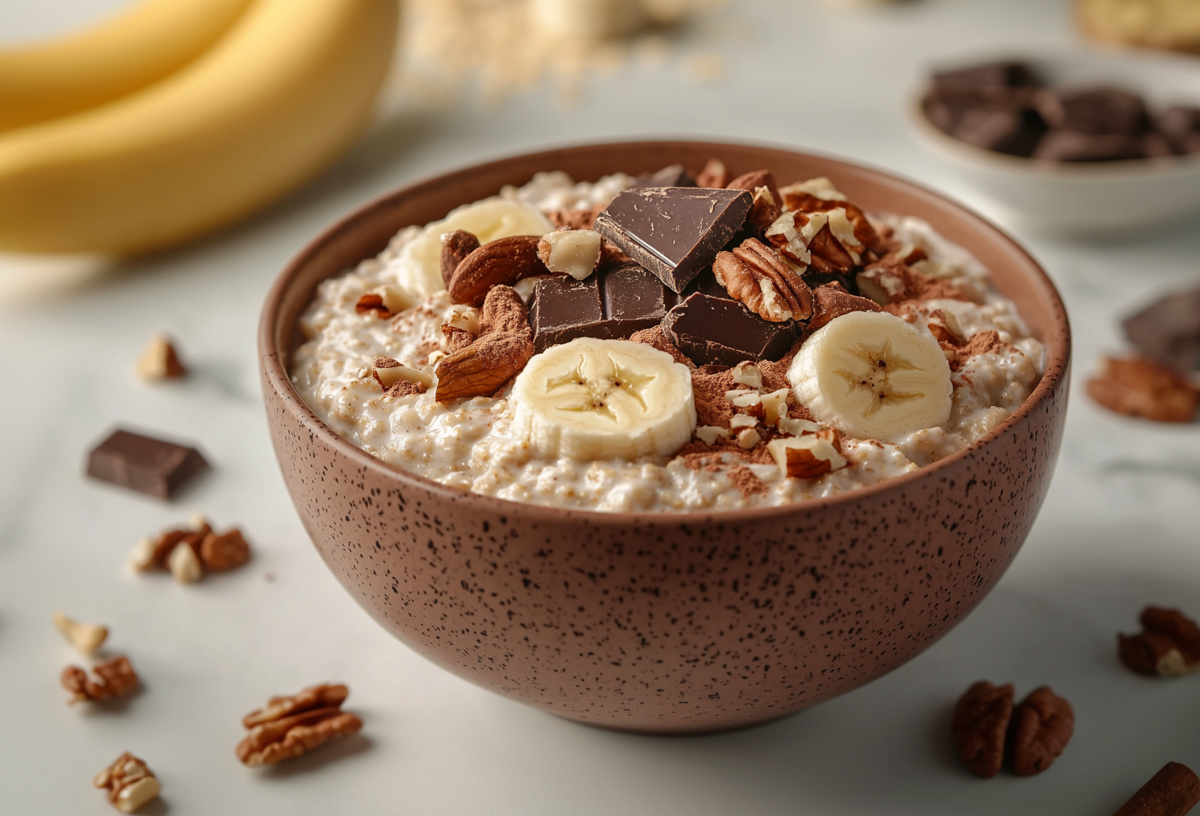 Un bol de porridge para microondas sobre una mesa blanca. Está aderezado con rodajas de plátano, nueces y chocolate rallado. Alrededor del bol hay nueces y trozos de chocolate. Al fondo a la izquierda hay dos plátanos. Al fondo, en el centro, más copos de avena y, a la derecha, un cuenco con chocolate negro.