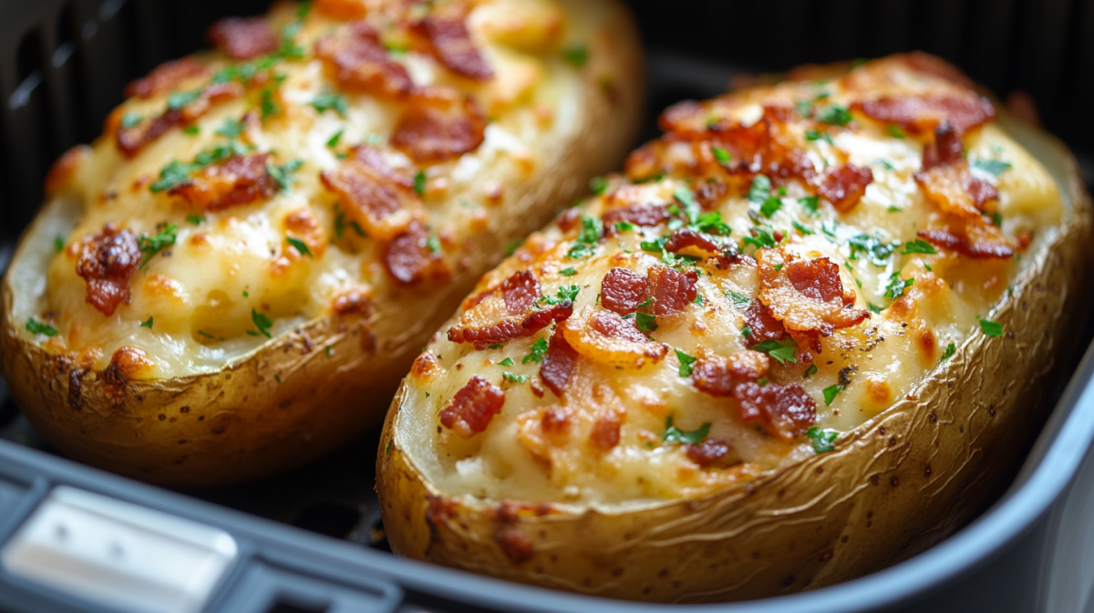 2 mitades de papas al horno con queso, tocino y perejil en una canasta de una freidora de aire. Primer plano.
