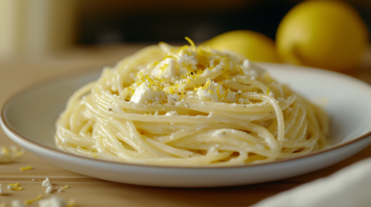 Pasta con feta y limón en un plato blanco. El plato está decorado con ralladura de limón.