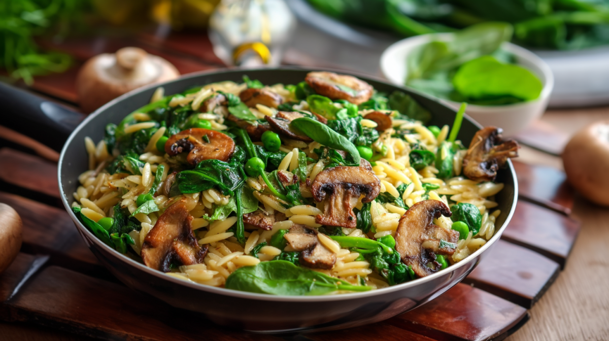 Un sartén de orzo con espinacas y champiñones sobre una superficie de madera. Al fondo hay otros ingredientes, como espinacas frescas y champiñones.