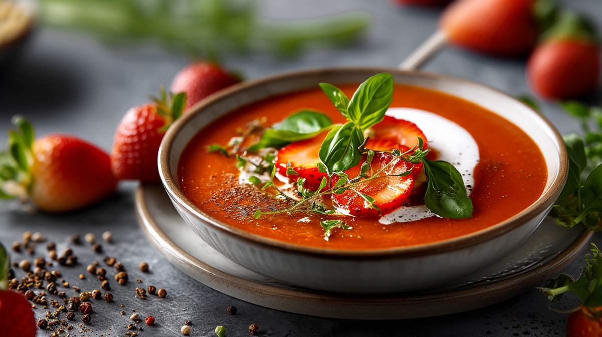 Un plato hondo con sopa de tomate y fresa, adornada con hierbas frescas, rodajas de fresa y un poco de crema. El plato está sobre otro plato. Alrededor hay fresas sueltas y granos de pimienta. Al fondo también se pueden ver tomates y hierbas frescas.