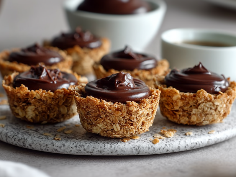 Seis vasitos de granola sin horno están sobre una superficie marmoleada. Están rellenos de una crema de chocolate. Al fondo se ve un tazón con la crema de chocolate y una taza de café.