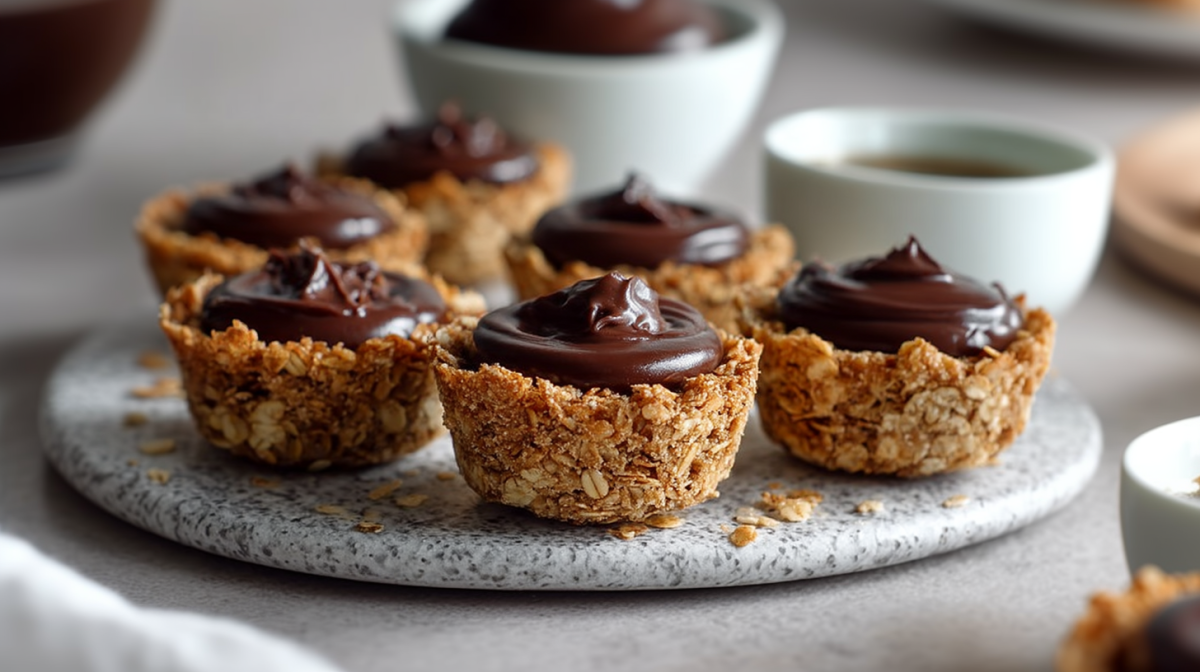 Seis vasitos de granola sin horno están sobre una superficie marmoleada. Están rellenos de una crema de chocolate. Al fondo se ve un tazón con la crema de chocolate y una taza de café.
