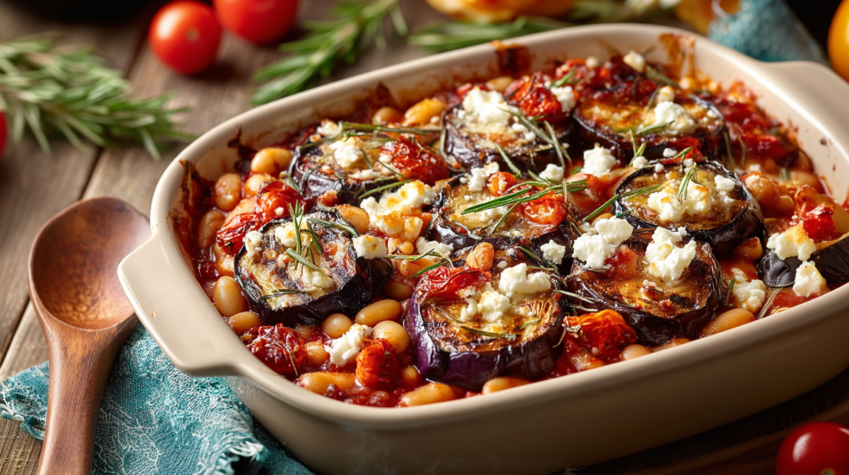 Una fuente para horno con berenjenas al horno con frijoles y feta, junto a ella hay una cuchara de madera.