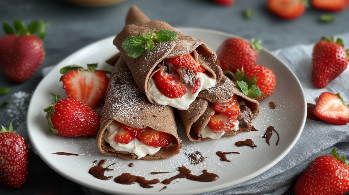 Tres burritos de cacao con fresas yacen en un plato blanco. Alrededor de ellos hay algunas fresas y un poco de salsa de chocolate.