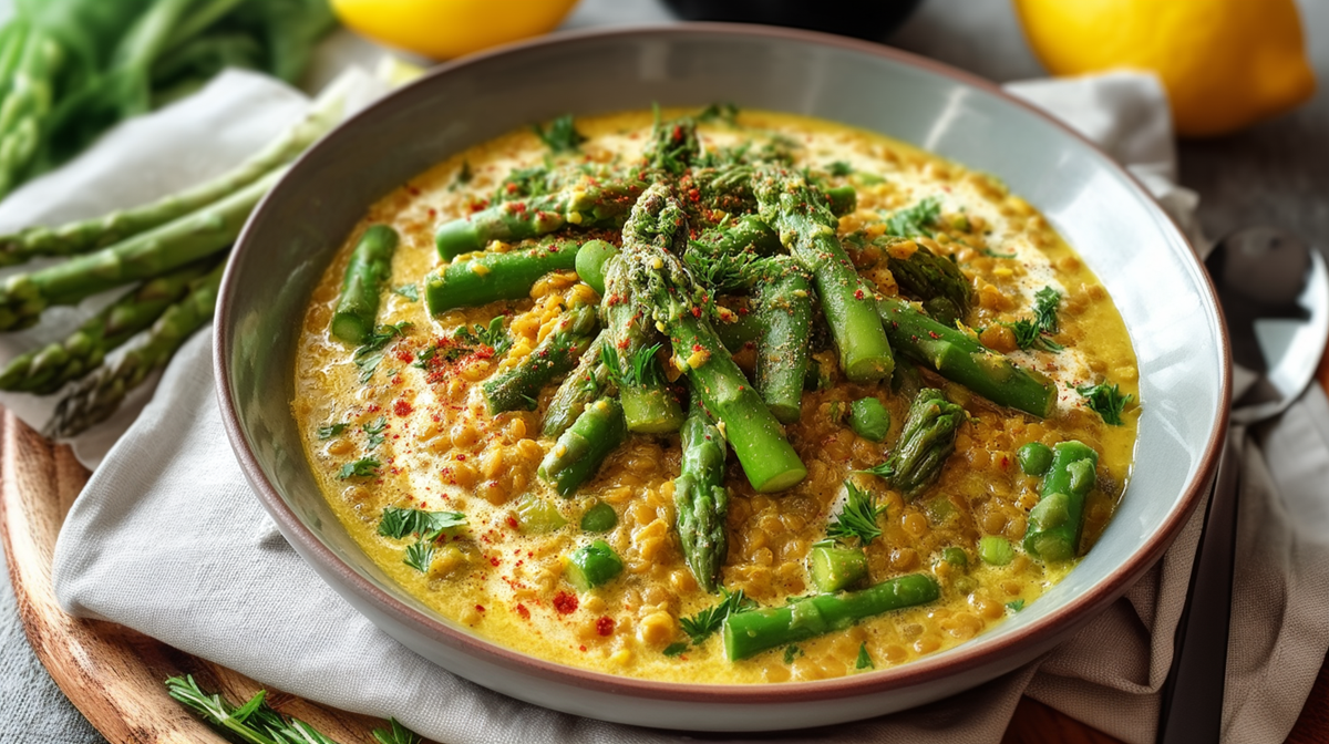 Un plato hondo con curry de lentejas y espárragos, que está sobre una servilleta de tela en una tabla redonda de madera. Junto al plato hay una cuchara. También se ven espárragos verdes y limones en la imagen.