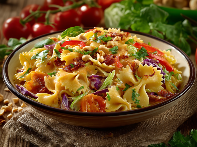 Esta ensalada de pasta aderezada con mantequilla de almendras es fresca, cremosa y facilísima de hacer