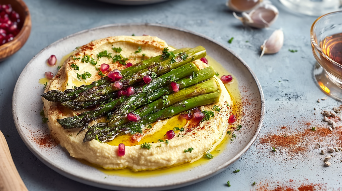 Un plato con espárragos al horno sobre hummus. Todo está decorado con unas semillas de granada. Alrededor del plato hay pimentón en polvo, dientes de ajo y especias esparcidos. También se ve un cuenco de madera con semillas de granada y hay un recipiente con aceite.