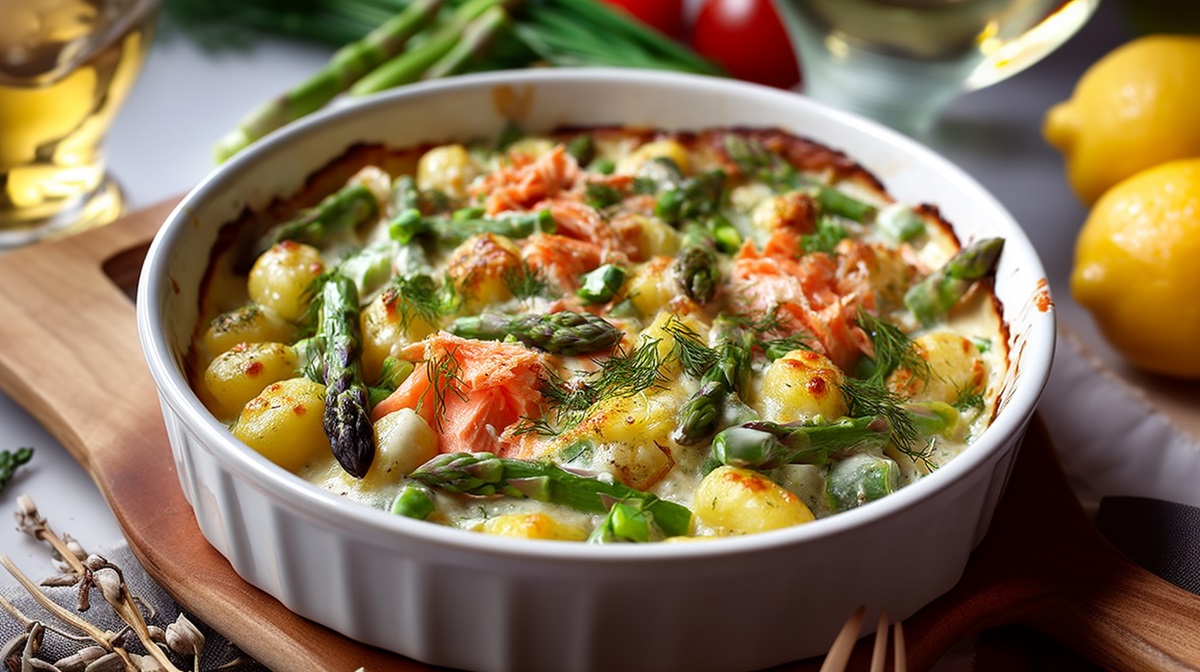 Fuente para horno con gratinado de ñoquis con espárragos y salmón sobre una mesa, ingredientes alrededor