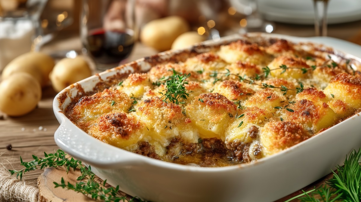 Gratinado francés de papas con carne molida en una mesa con ingredientes al lado