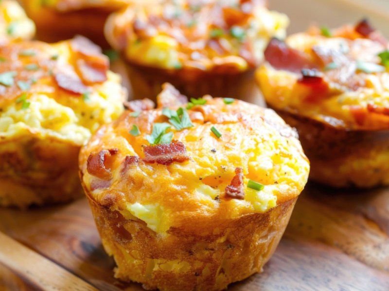 Varios muffins de huevo revuelto con jamón sobre una superficie de madera.