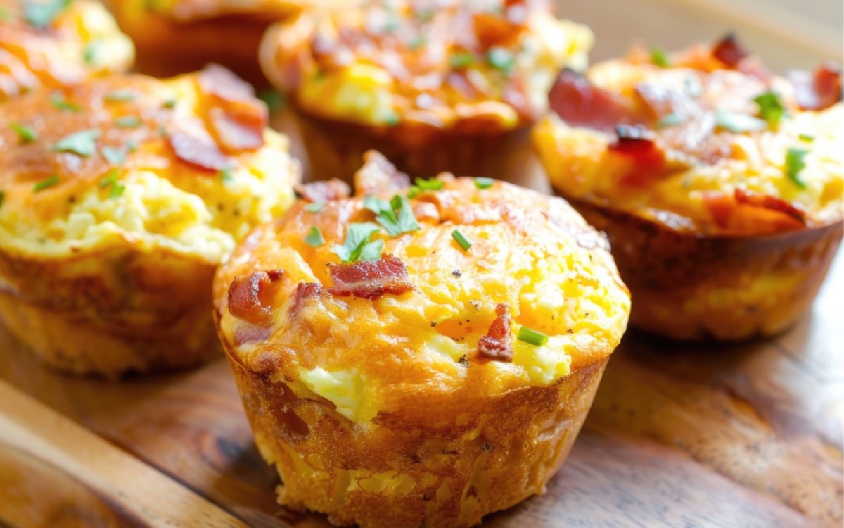 Varios muffins de huevo revuelto con jamón sobre una superficie de madera.