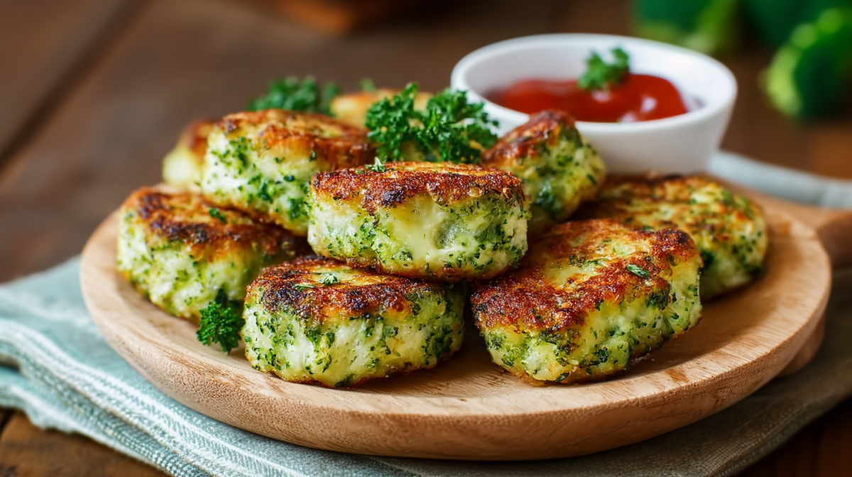 Varios nuggets de brócoli y queso están en un plato de madera. El plato está sobre un paño de cocina en una mesa de madera. Al fondo se ve un tazón con kétchup.