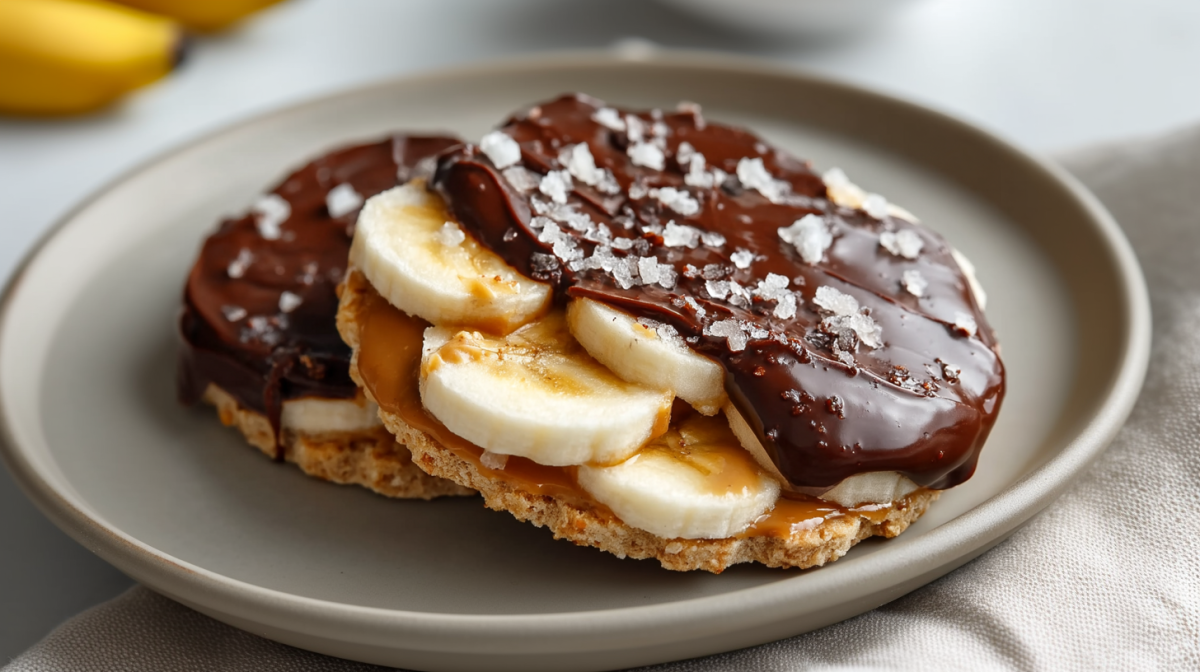 Dos tortitas de arroz con chocolate yacen en un plato gris. Están cubiertas con mantequilla de cacahuete, plátanos, chocolate y granos de sal gruesa. En el fondo se ven dos plátanos.