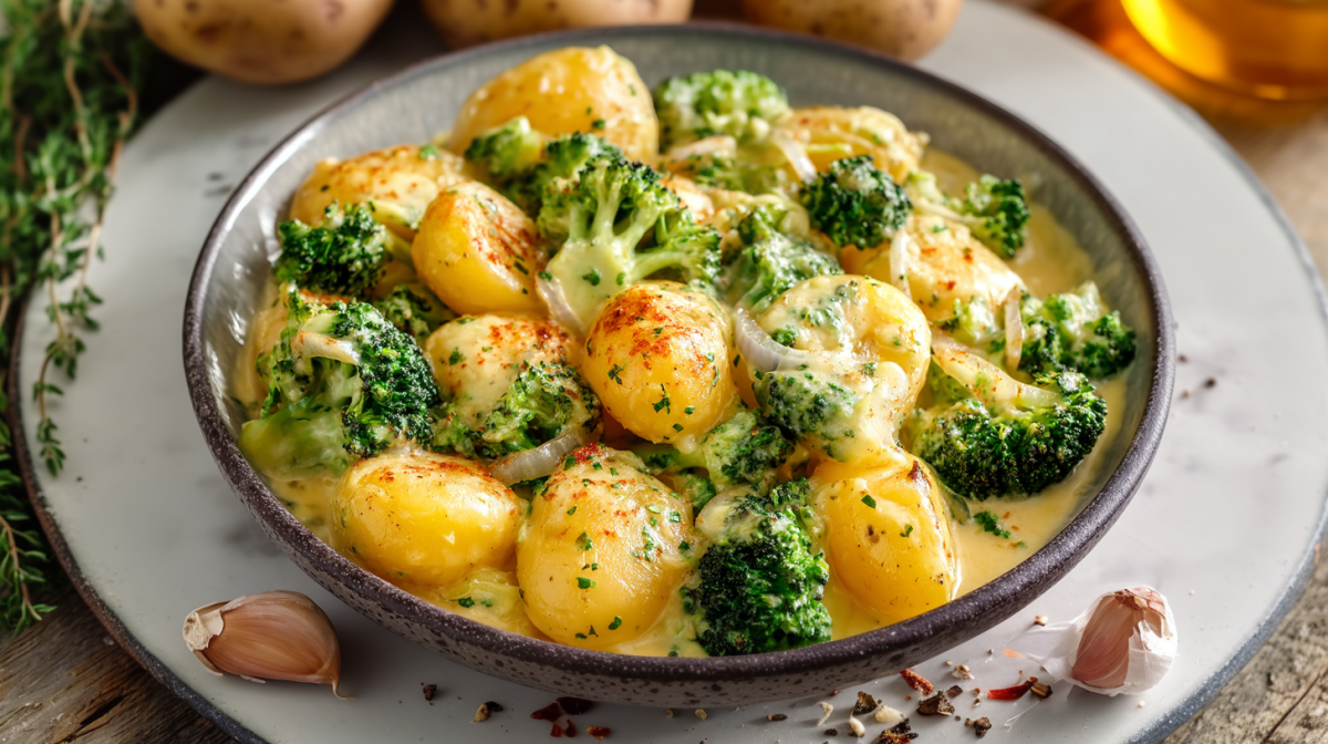 Un plato con papas con brócoli está sobre un mantel individual gris. El plato está preparado con papas, brócoli y cebollas. Delante del plato hay dos dientes de ajo. Detrás del plato hay tres papas y se ve una botella de aceite cortada.