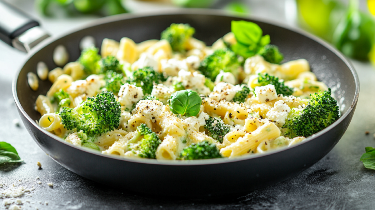 Plato de pasta con brócoli y feta