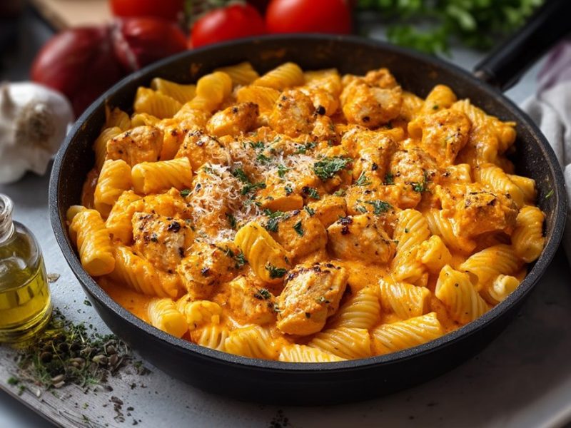 Sartén con pasta con pollo y ajvar