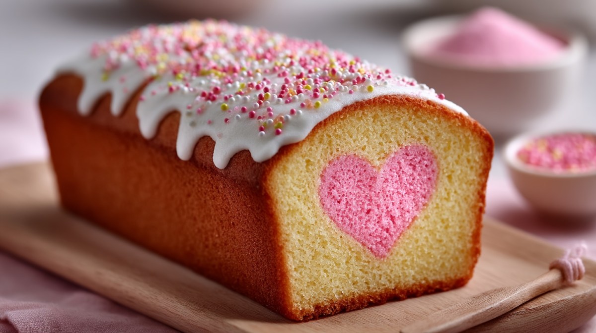 Pastel con forma de corazón cortado con glaseado y chispitas en una tabla.