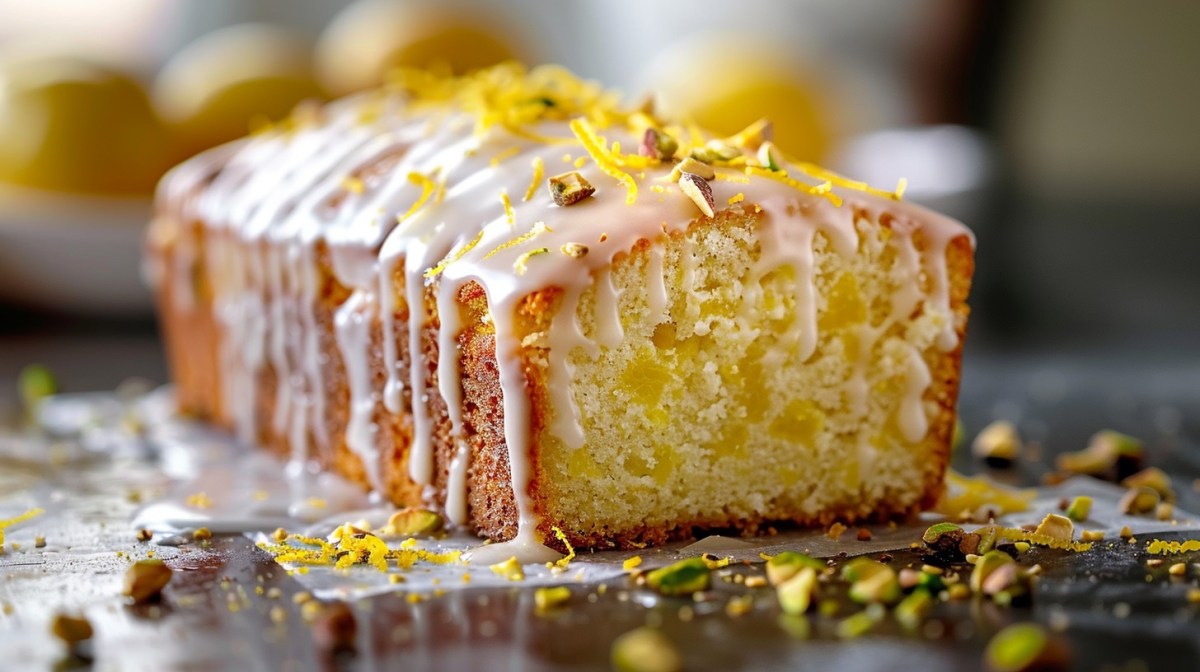 Pastel de coco y limón decorado con glaseado, ralladura de limón y pistachos.