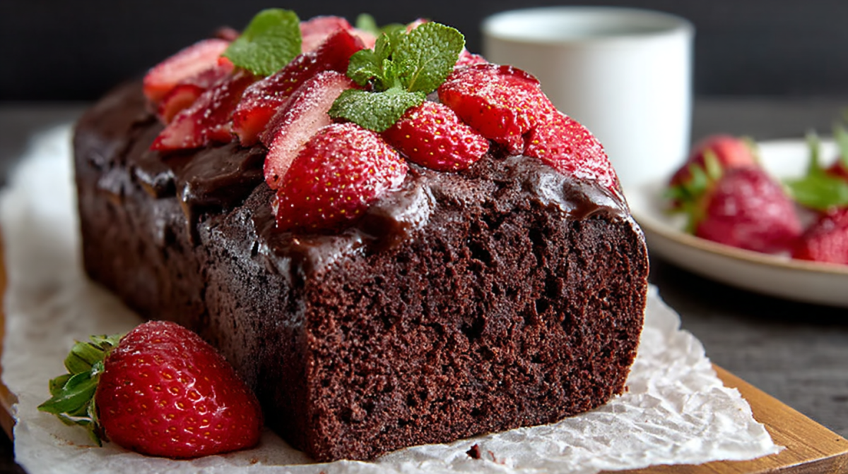 Pastel de fresas y chocolate en molde rectangular, decorado con fresas y hojas de menta.