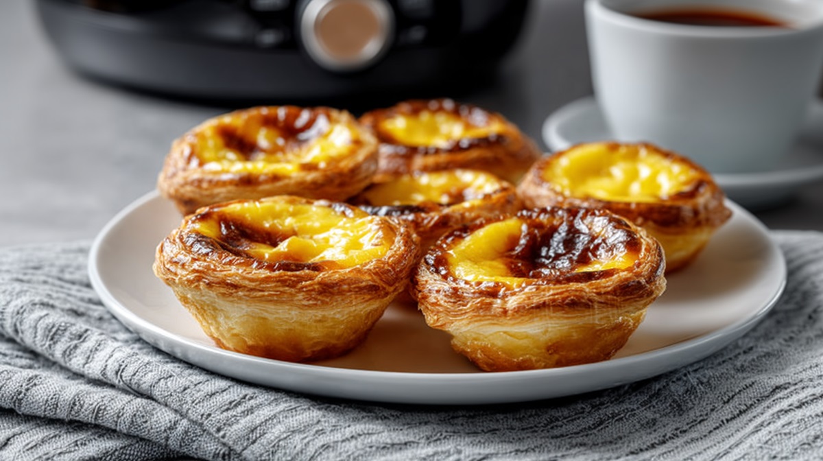 Plato con pastel de nata hecho en freidora de aire, y freidora de aire en el fondo