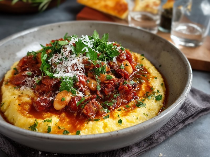 Polenta con salsa de frijoles y chorizo: la comida perfecta para después del trabajo
