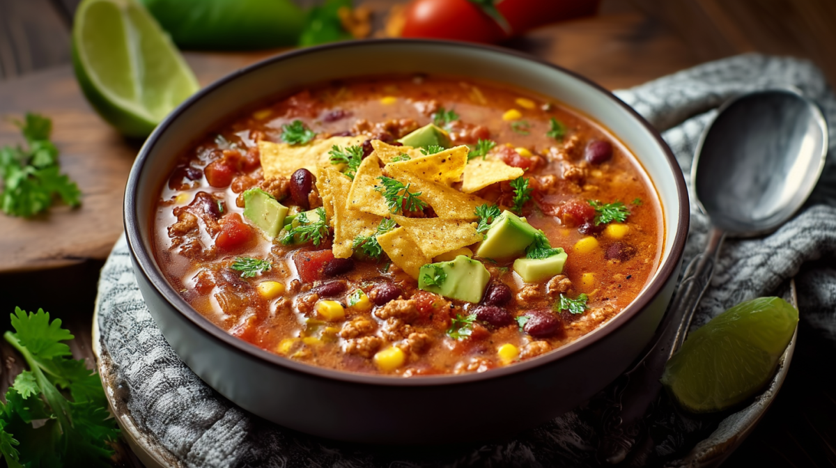 Un plato de sopa de tacos sobre un paño de cocina. Junto a él hay una cuchara y un trozo de lima. Al fondo hay más limas y tomates.