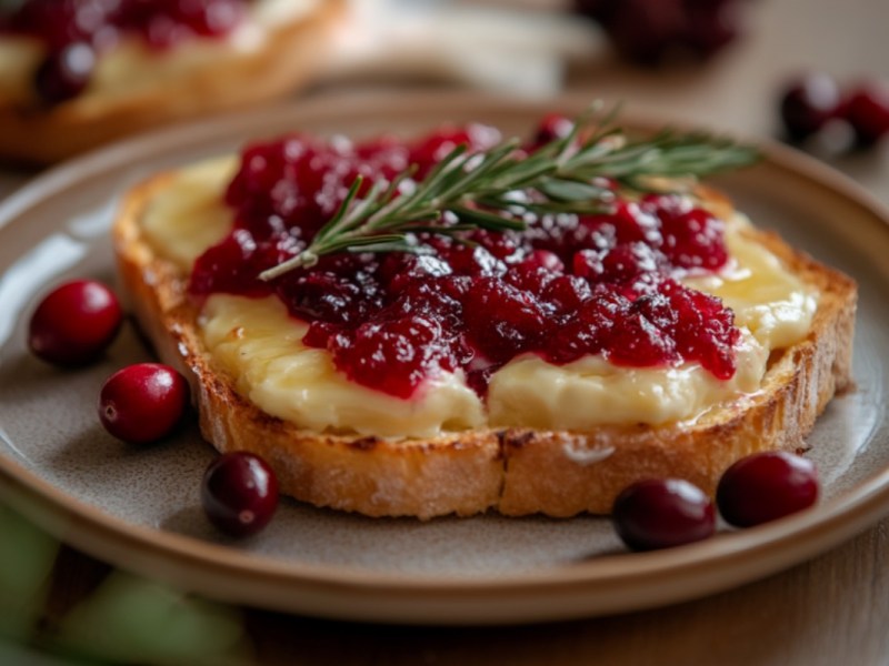 Una tostada gratinada con camembert y mermelada de arándanos rojos en un plato.