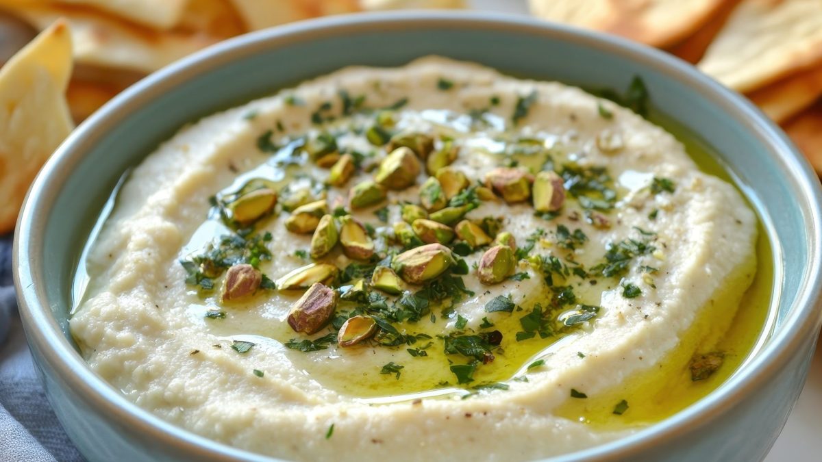 Recipiente con untable de frijoles blancos con pistachos
