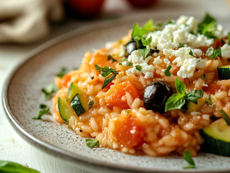 Arroz rojo con calabacín, feta y aceitunas en un plato, espolvoreado con perejil, visto de cerca.