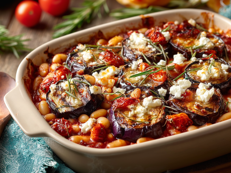 Una fuente para horno con berenjenas al horno con frijoles y feta, junto a ella hay una cuchara de madera.