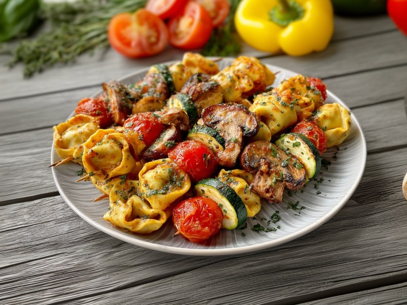 Un plato con brochetas de tortelloni a la parrilla. El plato está sobre una base de madera. Alrededor hay pimientos amarillos, tomates y hierbas frescas esparcidas.