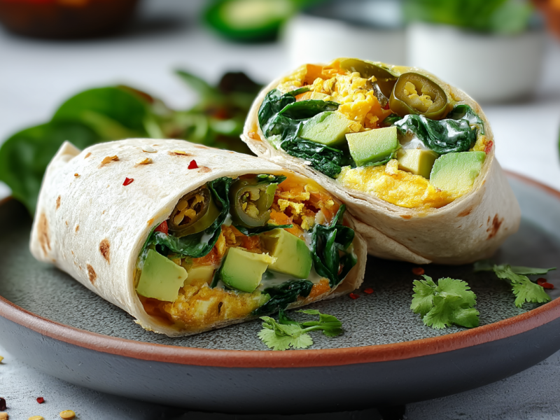 Dos burritos con jalapeños y aguacate para desayunar en un plato gris. Al fondo se ven espinacas frescas y un aguacate cortado.