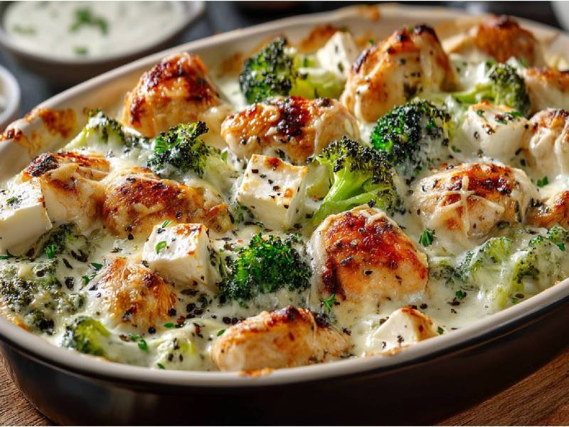 Fuente para horno con cazuela de pollo y brócoli con feta