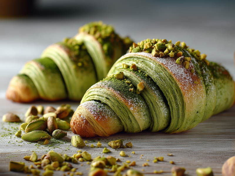 Dos cruasanes de matcha se encuentran sobre una mesa de madera gris. Frente a ellos hay algunos pistachos picados y enteros. A la derecha y a la izquierda de la imagen se ven dos tazones con matcha en polvo.