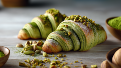 Dos cruasanes de matcha se encuentran sobre una mesa de madera gris. Frente a ellos hay algunos pistachos picados y enteros. A la derecha y a la izquierda de la imagen se ven dos tazones con matcha en polvo.
