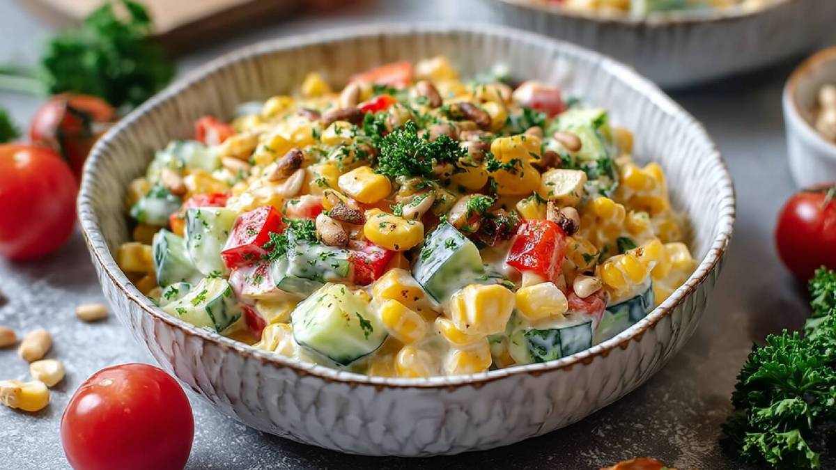 Tazón con ensalada de maíz y pimiento sobre una mesa