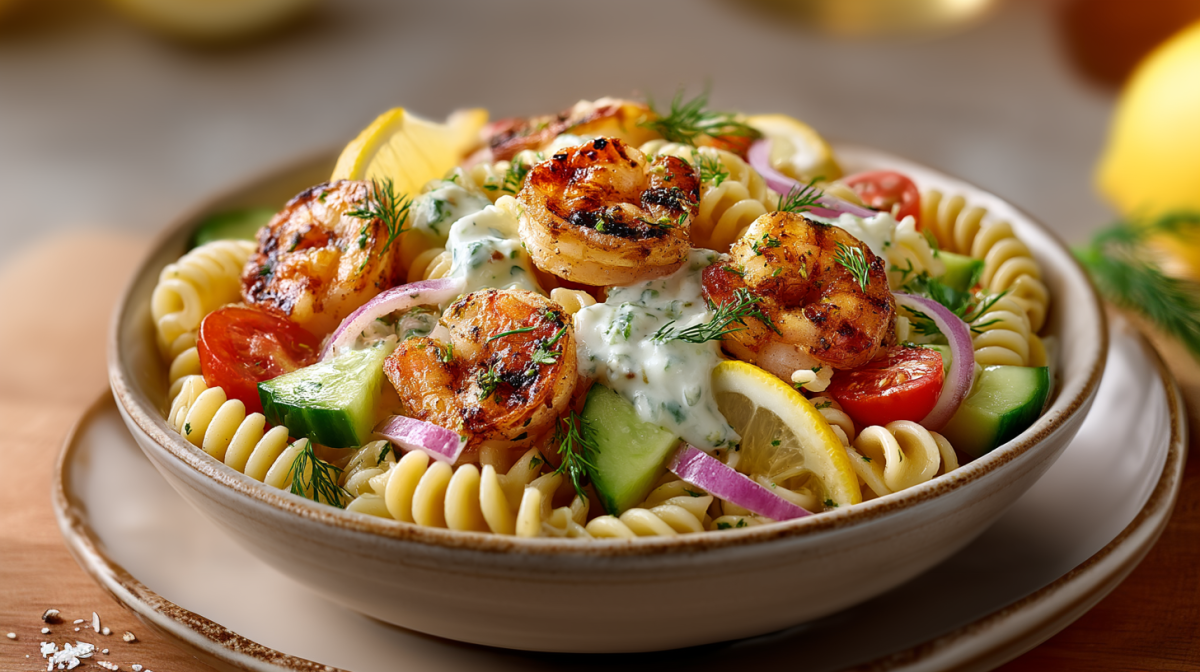 Un plato de ensalada de pasta con camarones sobre un plato base. La ensalada está preparada con fusilli, pepino, cebolla y camarones dorados. Se ven algunas rodajas de limón. En la parte posterior derecha de la imagen hay otro limón.