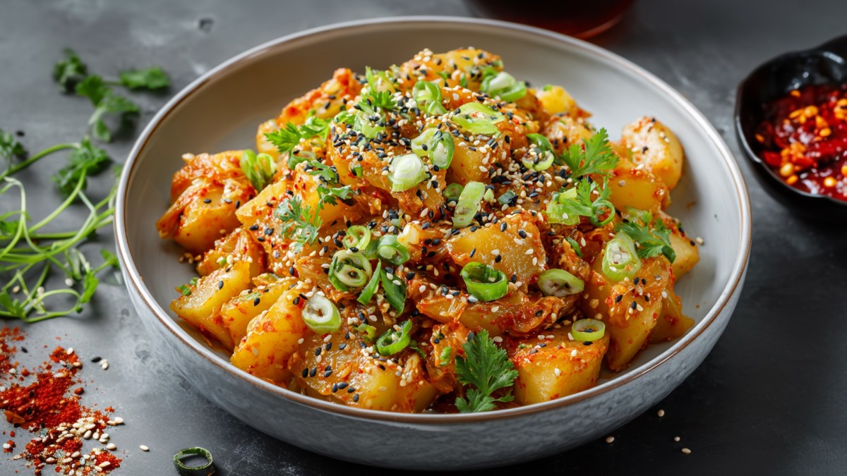 Un plato con ensalada de kimchi y papa. Alrededor se puede ver cilantro fresco, especias de chile y un tazón con hojuelas de chile.