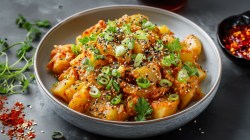 Un plato con ensalada de kimchi y papa. Alrededor se puede ver cilantro fresco, especias de chile y un tazón con hojuelas de chile.