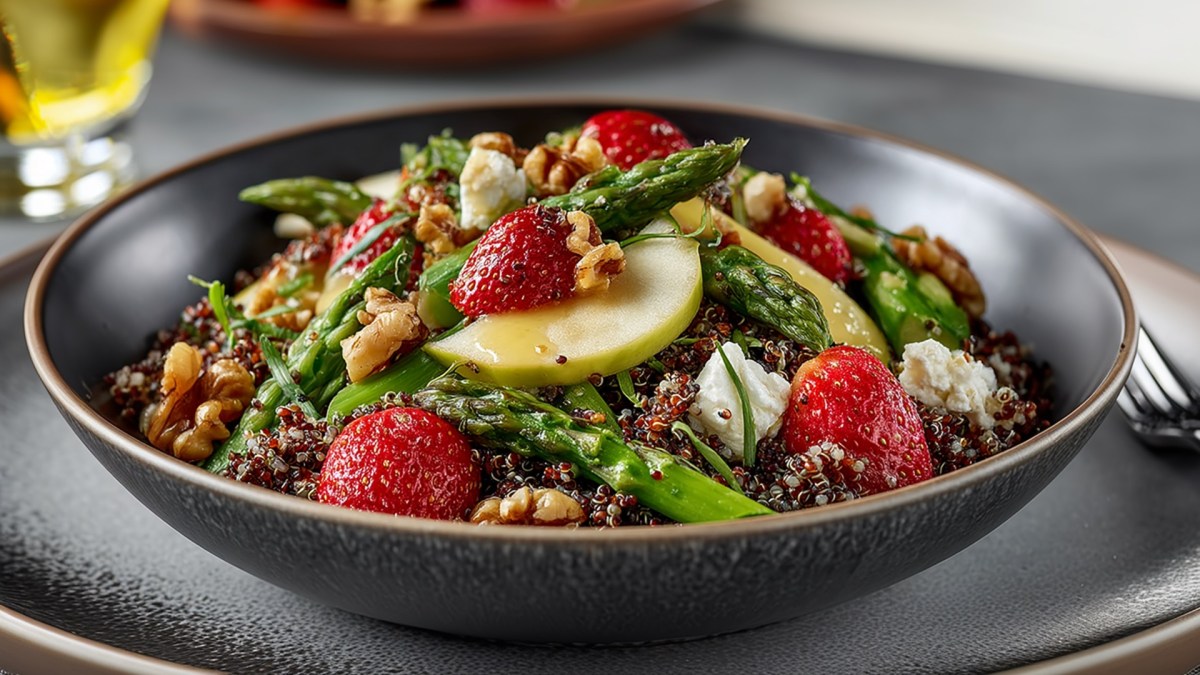 Un plato con ensalada de quinua y espárragos con manzana y fresas. El plato se encuentra sobre un plato mayor con un tenedor. Al fondo se puede ver un vaso lleno y un tazón de madera.
