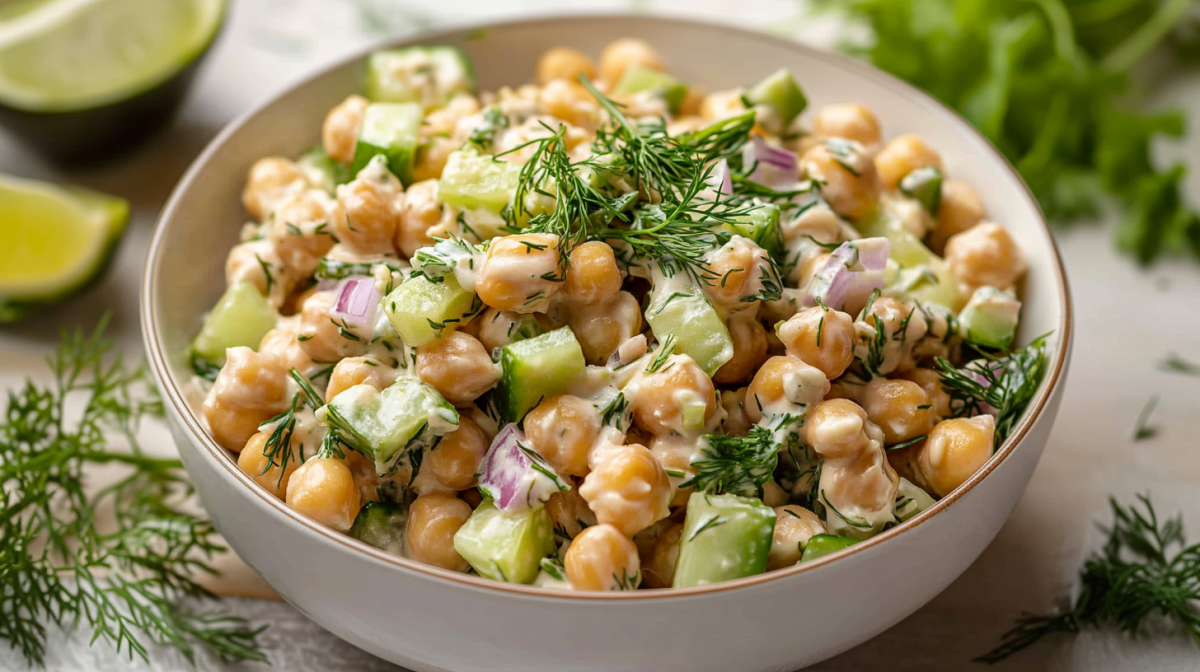 Ensalada vegana de atún con garbanzos en una ensaladera, espolvoreada con hierbas.
