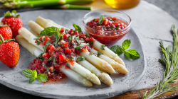 Espárragos blancos con salsa de fresa, albahaca y menta en un plato gris rústico. A la izquierda del plato hay fresas frescas. A la derecha de la imagen hay una ramita de romero.