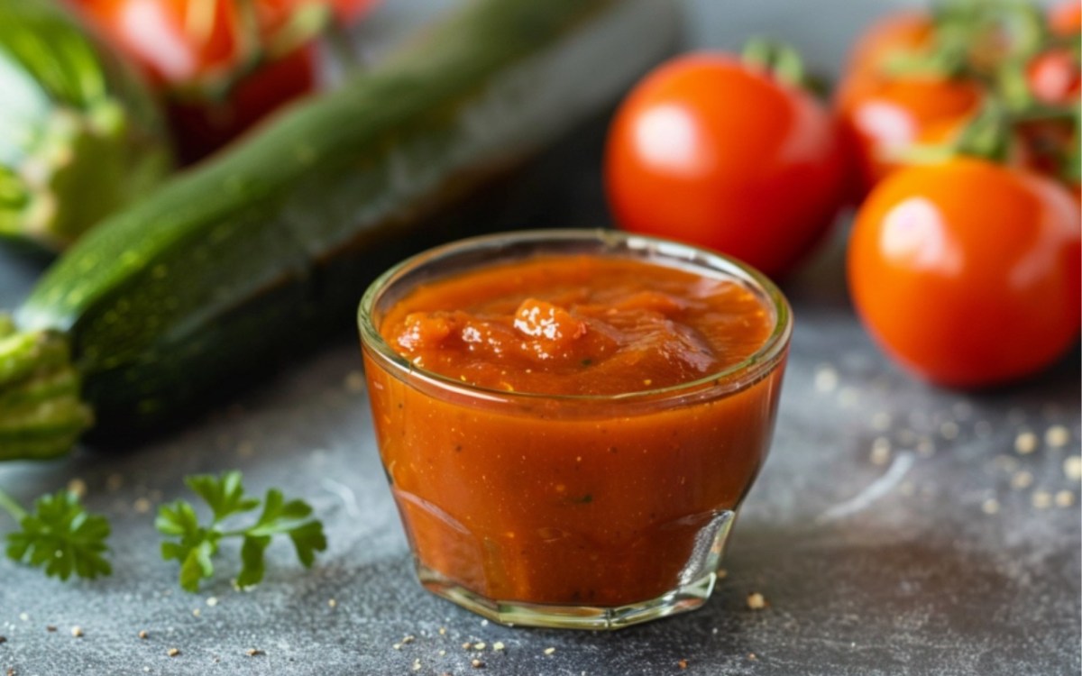 Un cuenco de kétchup de calabacín. Alrededor hay ingredientes frescos.